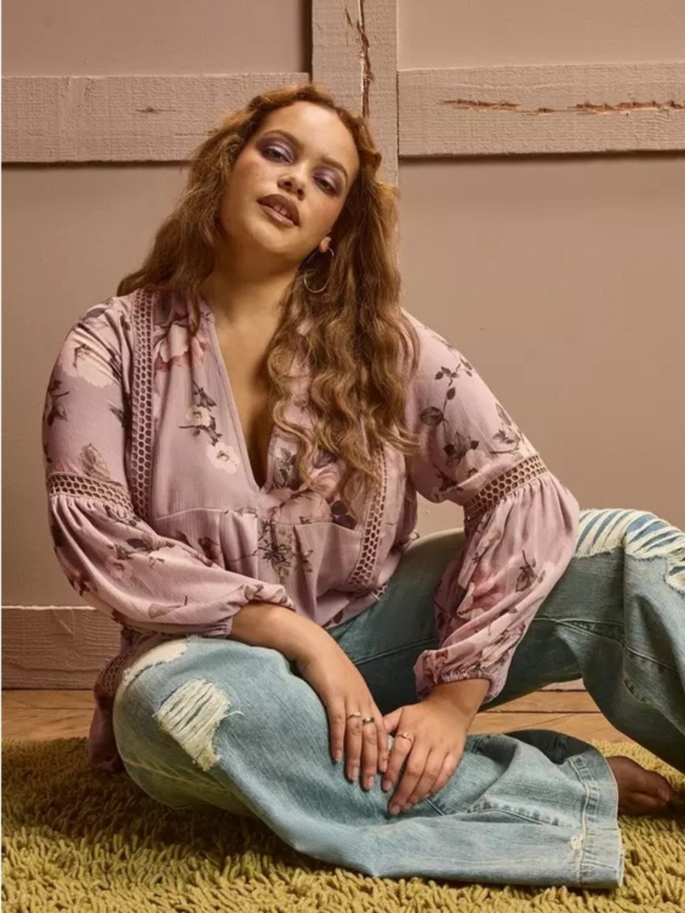 Torrid FESTI 00 M Mauve Floral Crochet Lace Boho Tunic Blouse Top Bell Sleeve